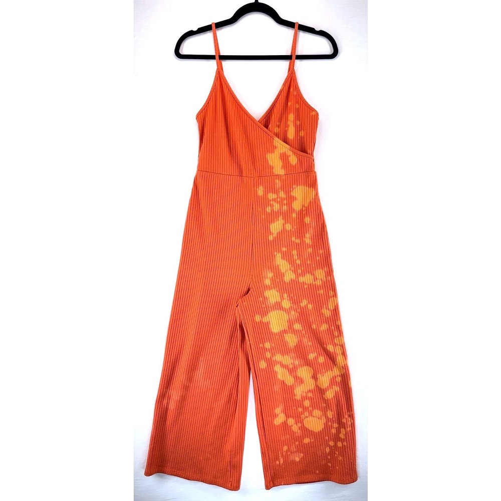 Forever 21 Orange Ribbed Custom Bleach Splatter Wide Leg Jumpsuit M Y2K Sleeze